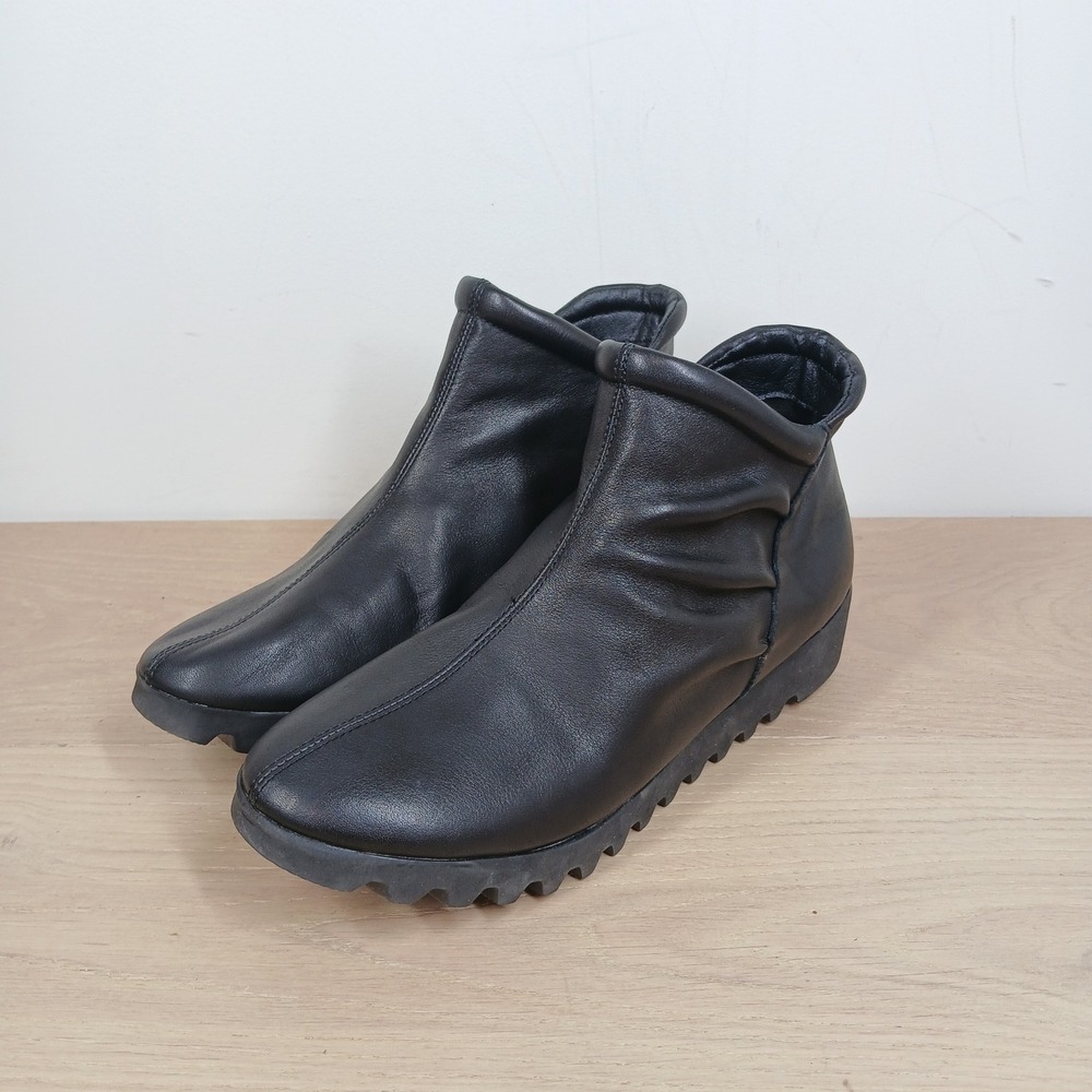 Aetrex Ankle Boots Womens 7.5-8 Black Leather Comfort Side Zip Lug Sole Walking